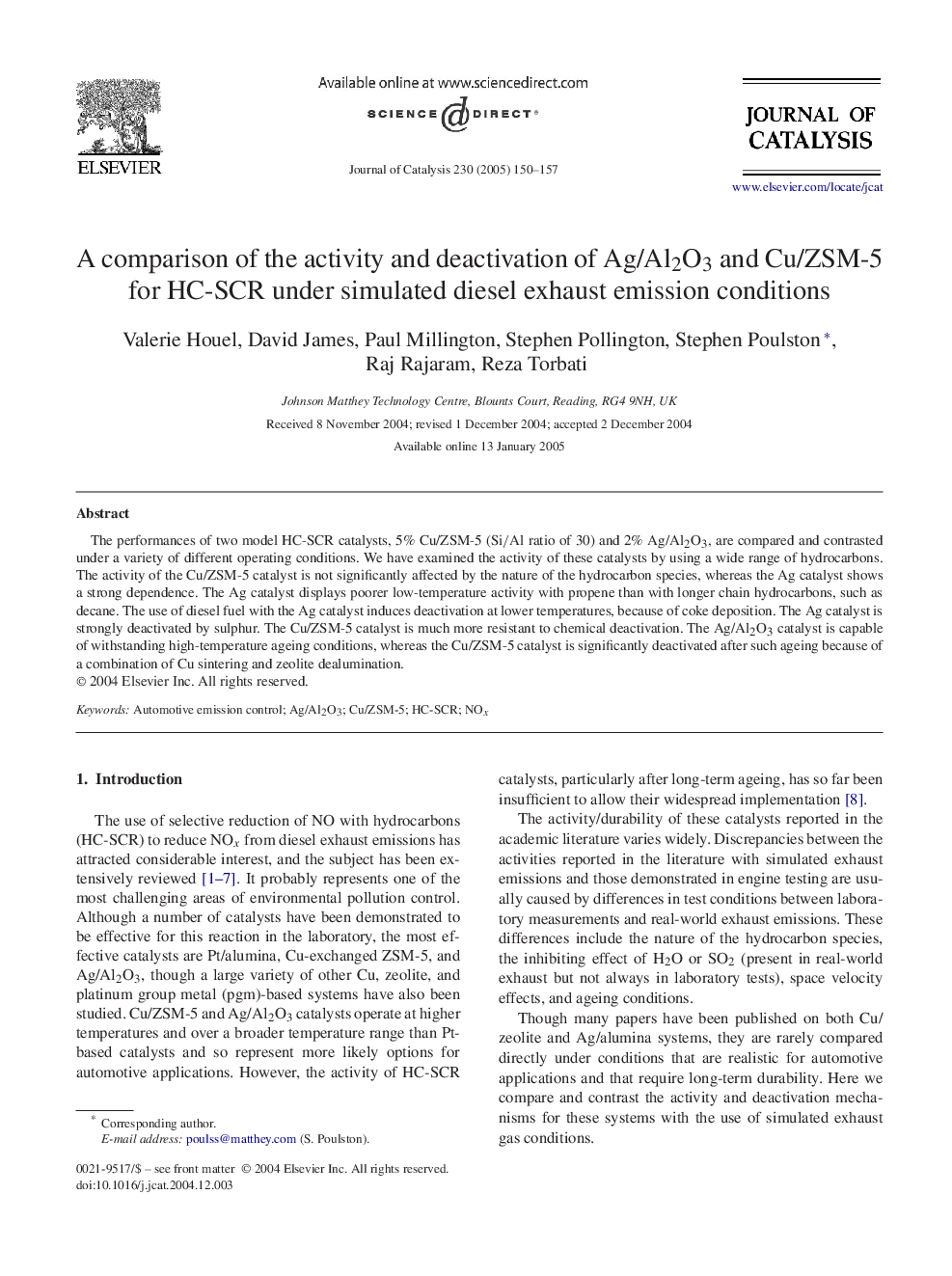 عکس صفحه اول مقاله: A comparison of the activity and deactivation of Ag/Al2O3 and Cu/ZSM-5 for HC-SCR under simulated diesel exhaust emission conditions A comparison of the activity and deactivation of Ag/Al2O3 and Cu/ZSM-5 for HC-SCR under simulated diesel exhaust emission conditions