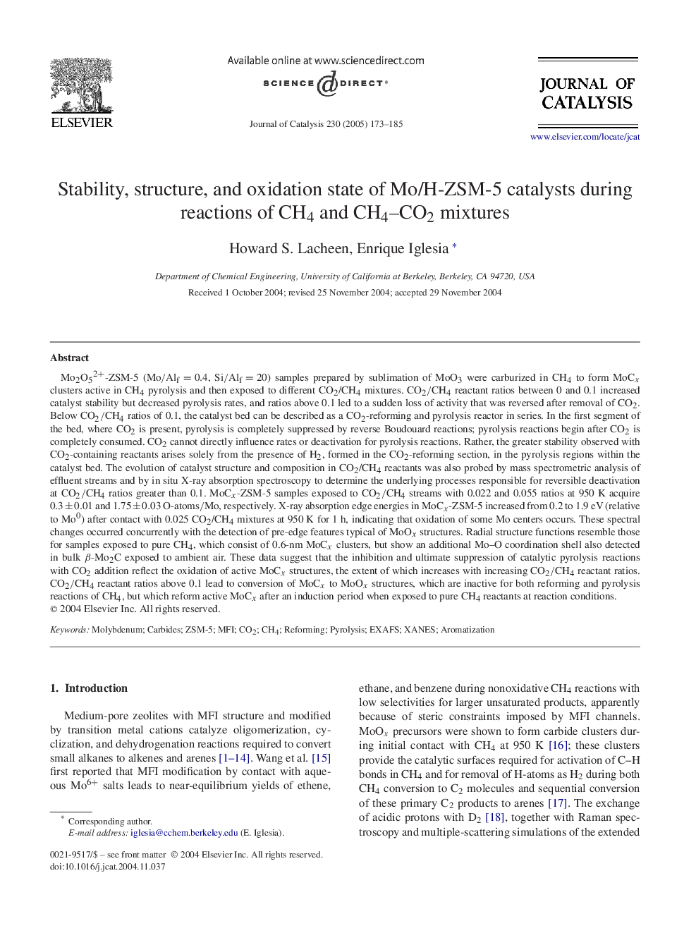 Stability, structure, and oxidation state of Mo/H-ZSM-5 catalysts during reactions of CH4 and CH4-CO2 mixtures