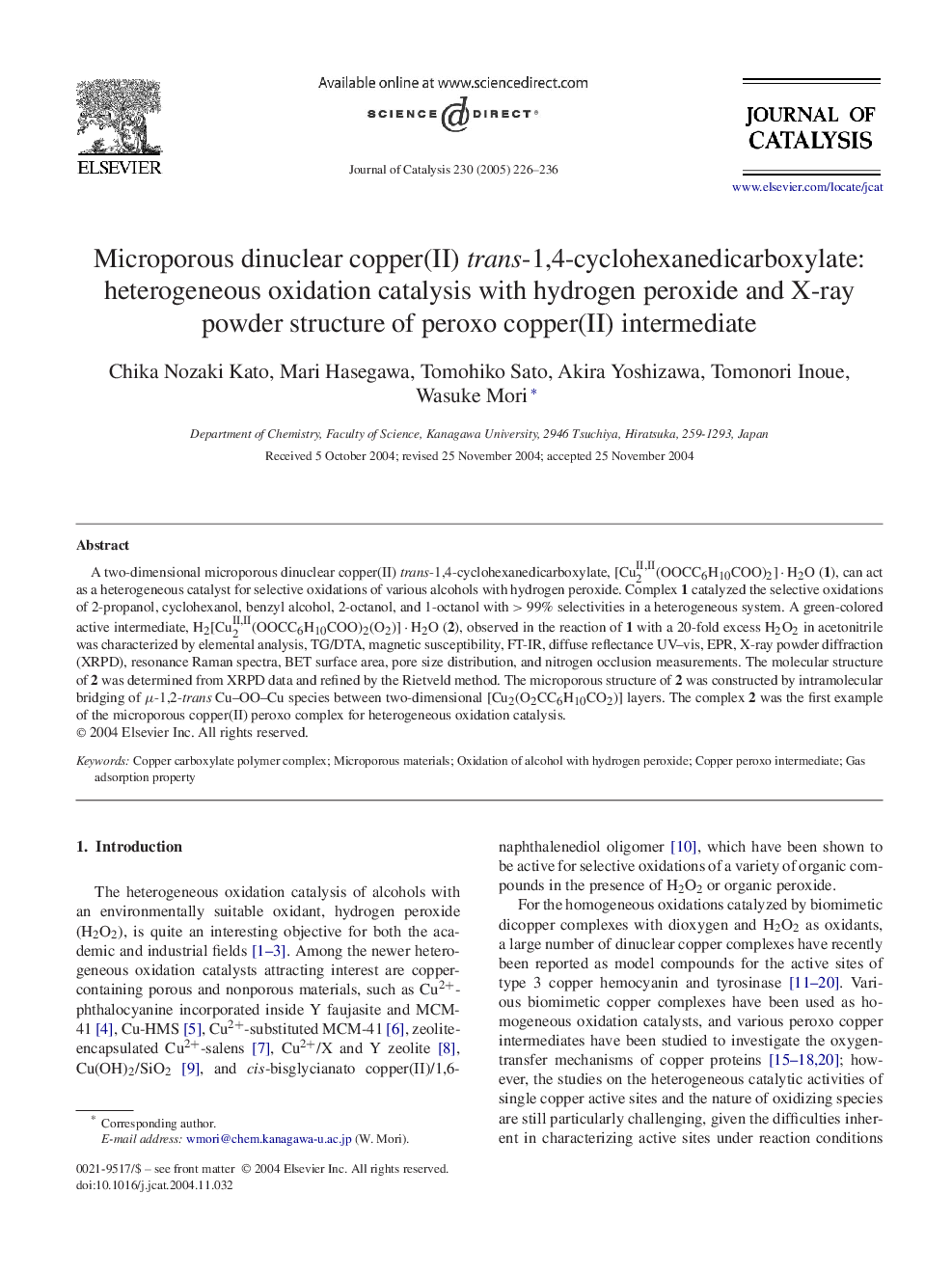 Microporous dinuclear copper(II) trans-1,4-cyclohexanedicarboxylate: heterogeneous oxidation catalysis with hydrogen peroxide and X-ray powder structure of peroxo copper(II) intermediate