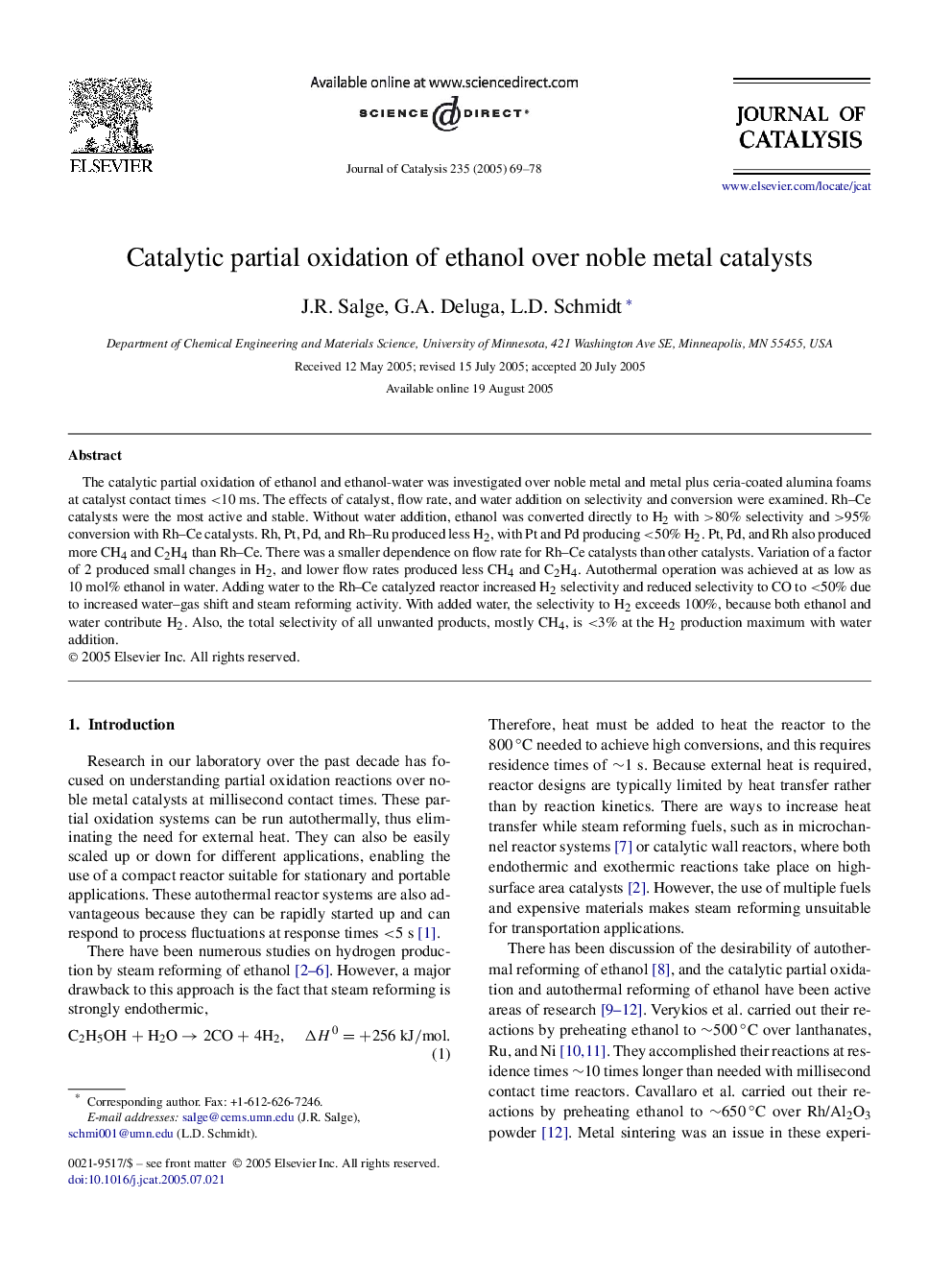 Catalytic partial oxidation of ethanol over noble metal catalysts