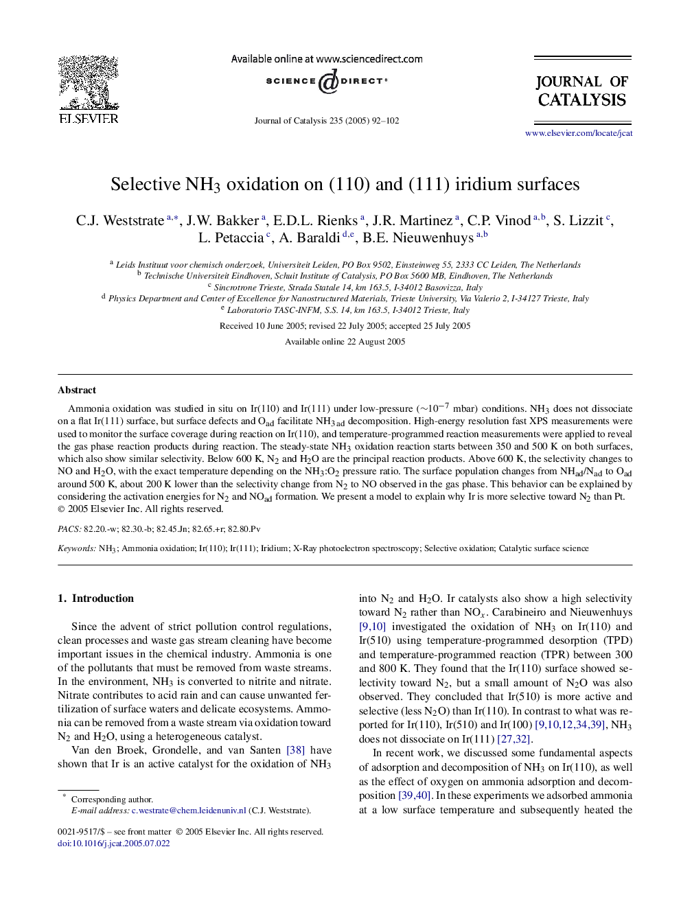 Selective NH3 oxidation on (110) and (111) iridium surfaces