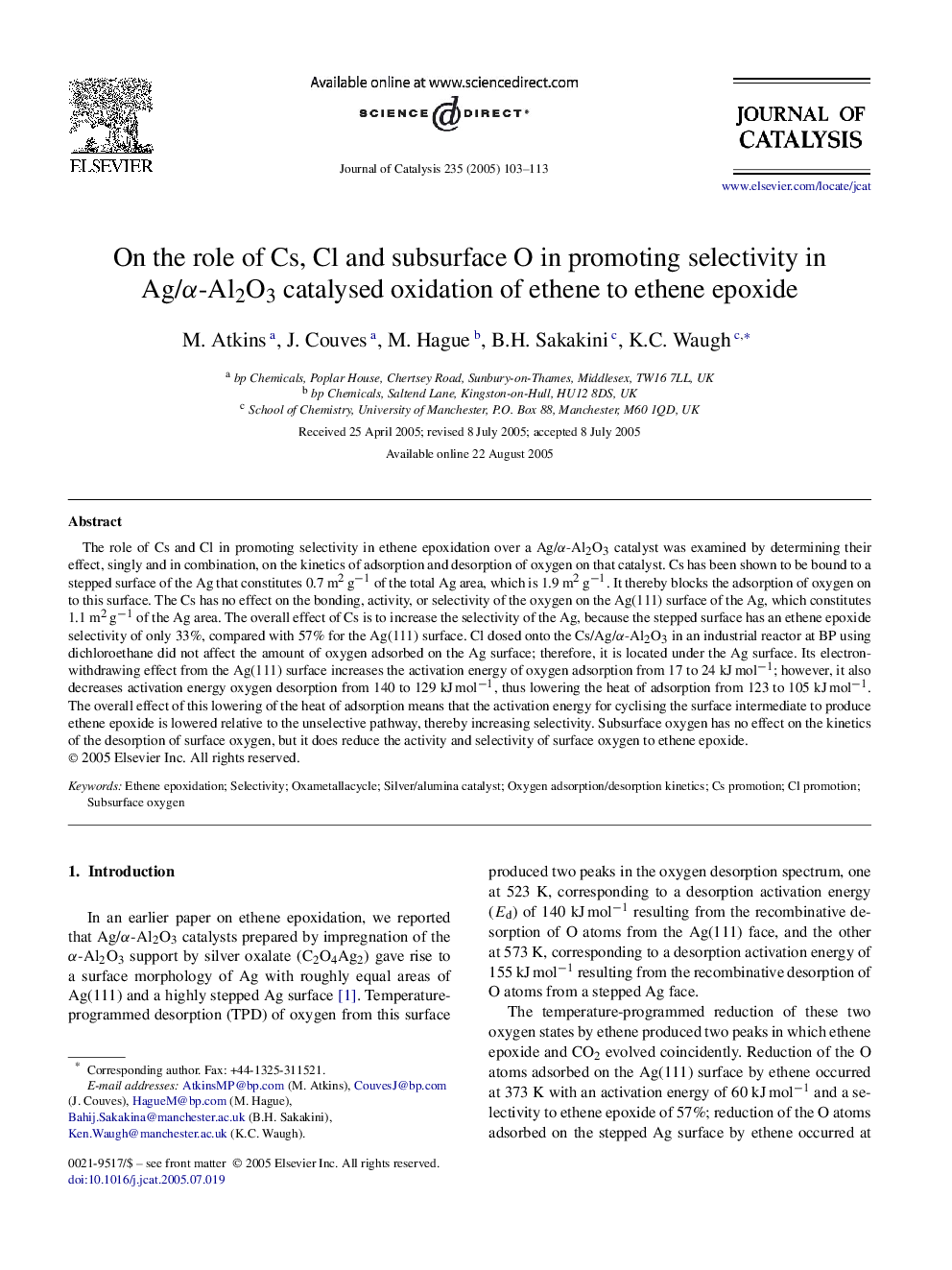 On the role of Cs, Cl and subsurface O in promoting selectivity in Ag/Î±-Al2O3 catalysed oxidation of ethene to ethene epoxide