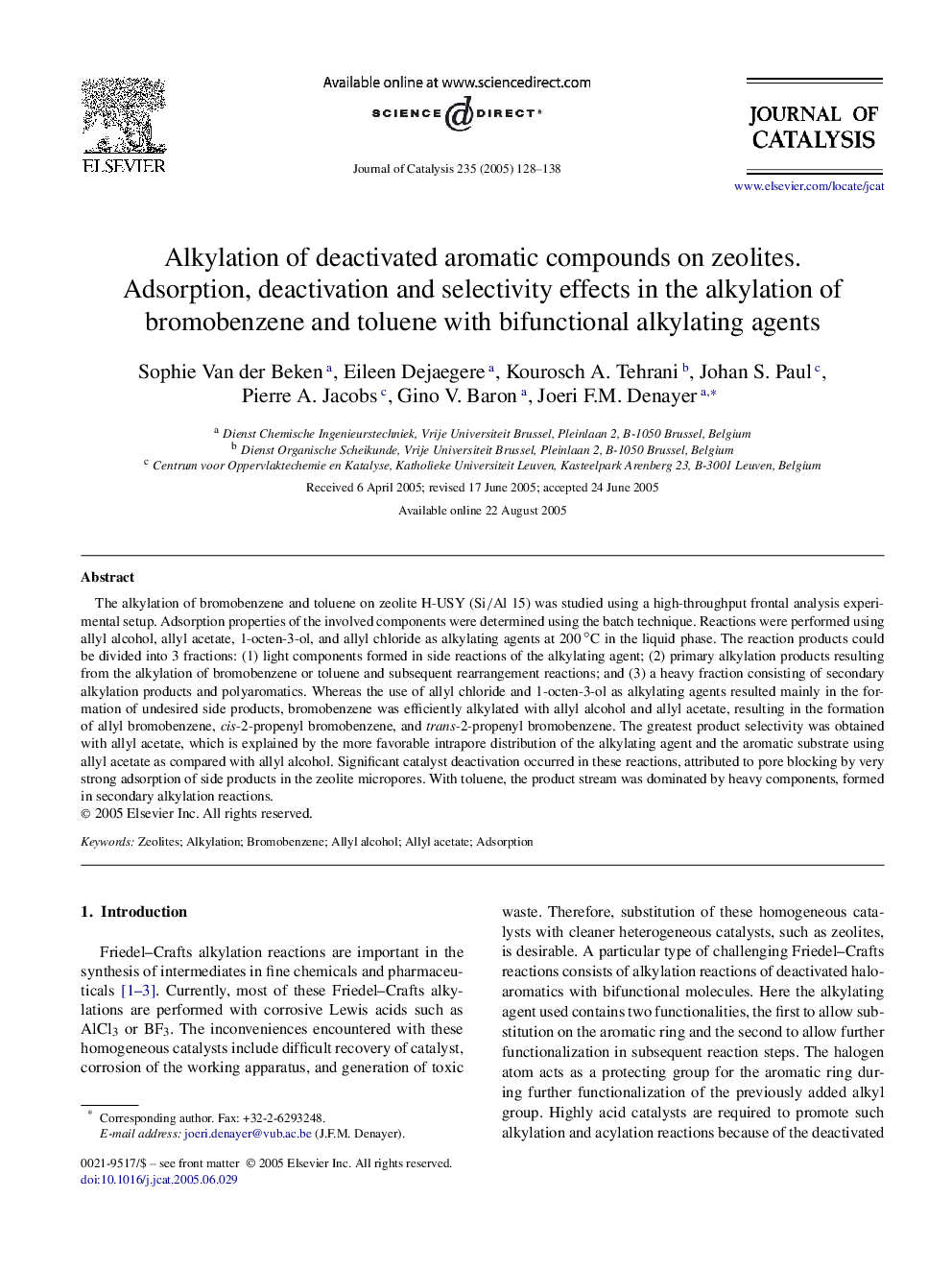 Alkylation of deactivated aromatic compounds on zeolites. Adsorption, deactivation and selectivity effects in the alkylation of bromobenzene and toluene with bifunctional alkylating agents