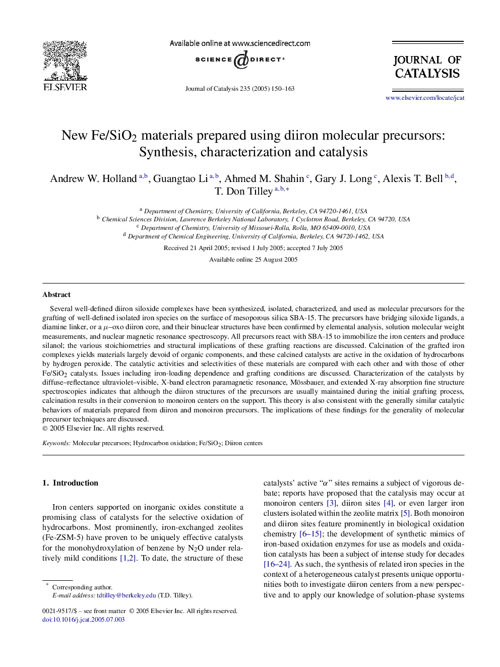 New Fe/SiO2 materials prepared using diiron molecular precursors: Synthesis, characterization and catalysis