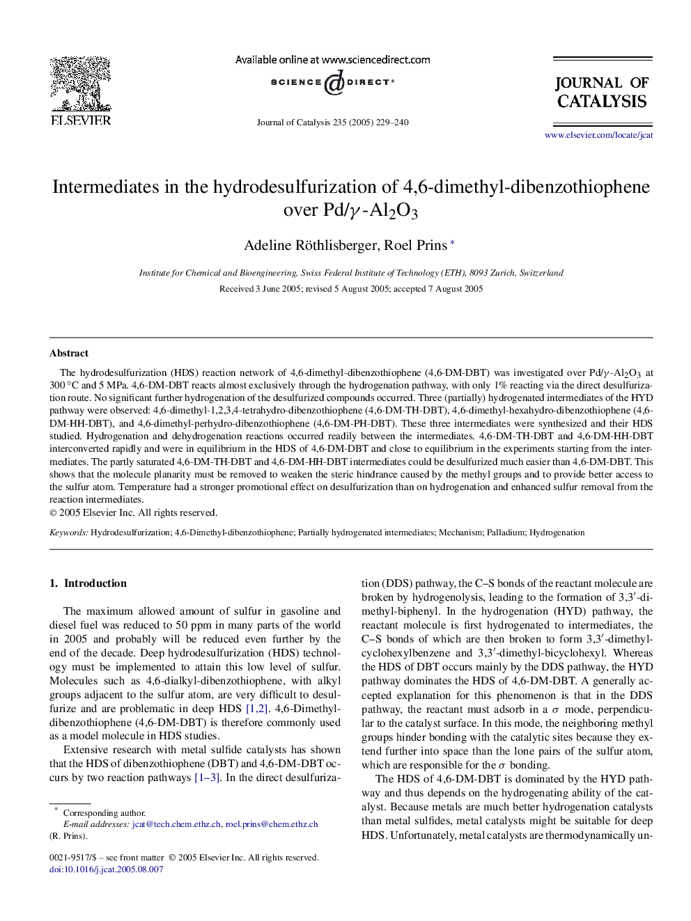 Intermediates in the hydrodesulfurization of 4,6-dimethyl-dibenzothiophene over Pd/Î³-Al2O3