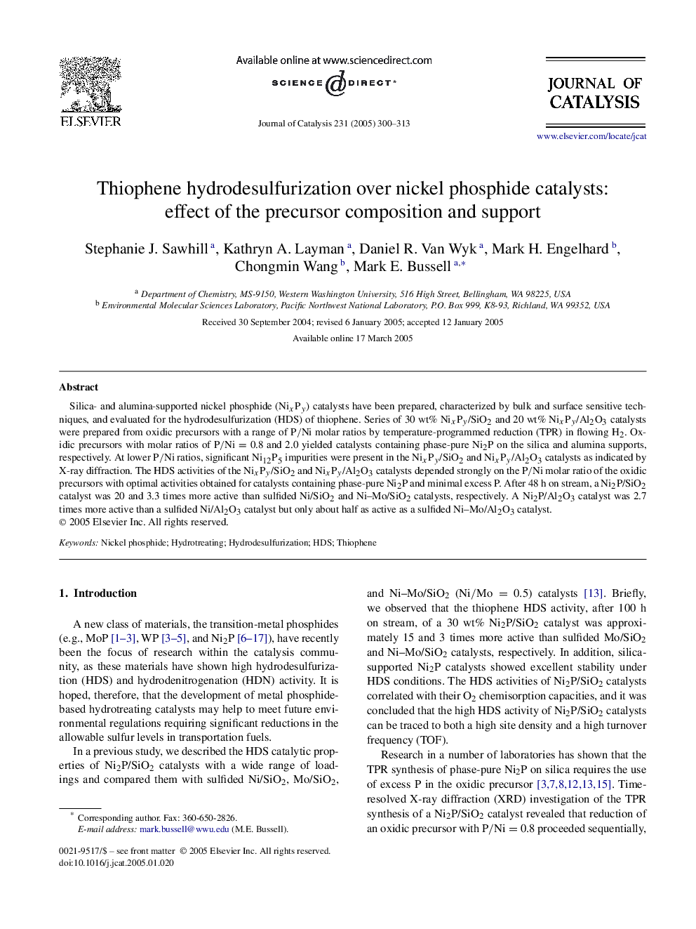 Thiophene hydrodesulfurization over nickel phosphide catalysts: effect of the precursor composition and support