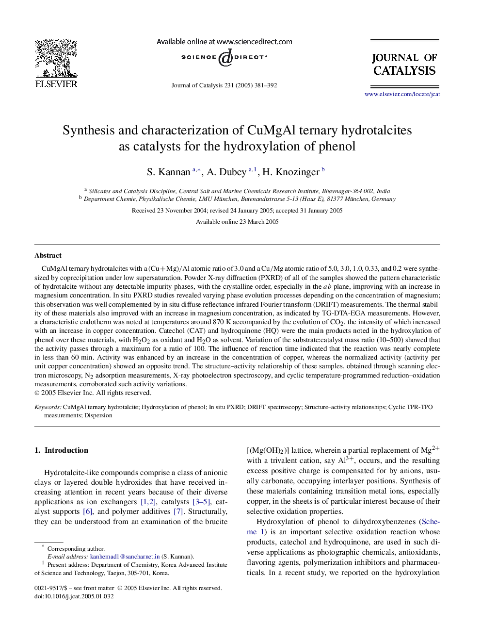 Synthesis and characterization of CuMgAl ternary hydrotalcites as catalysts for the hydroxylation of phenol