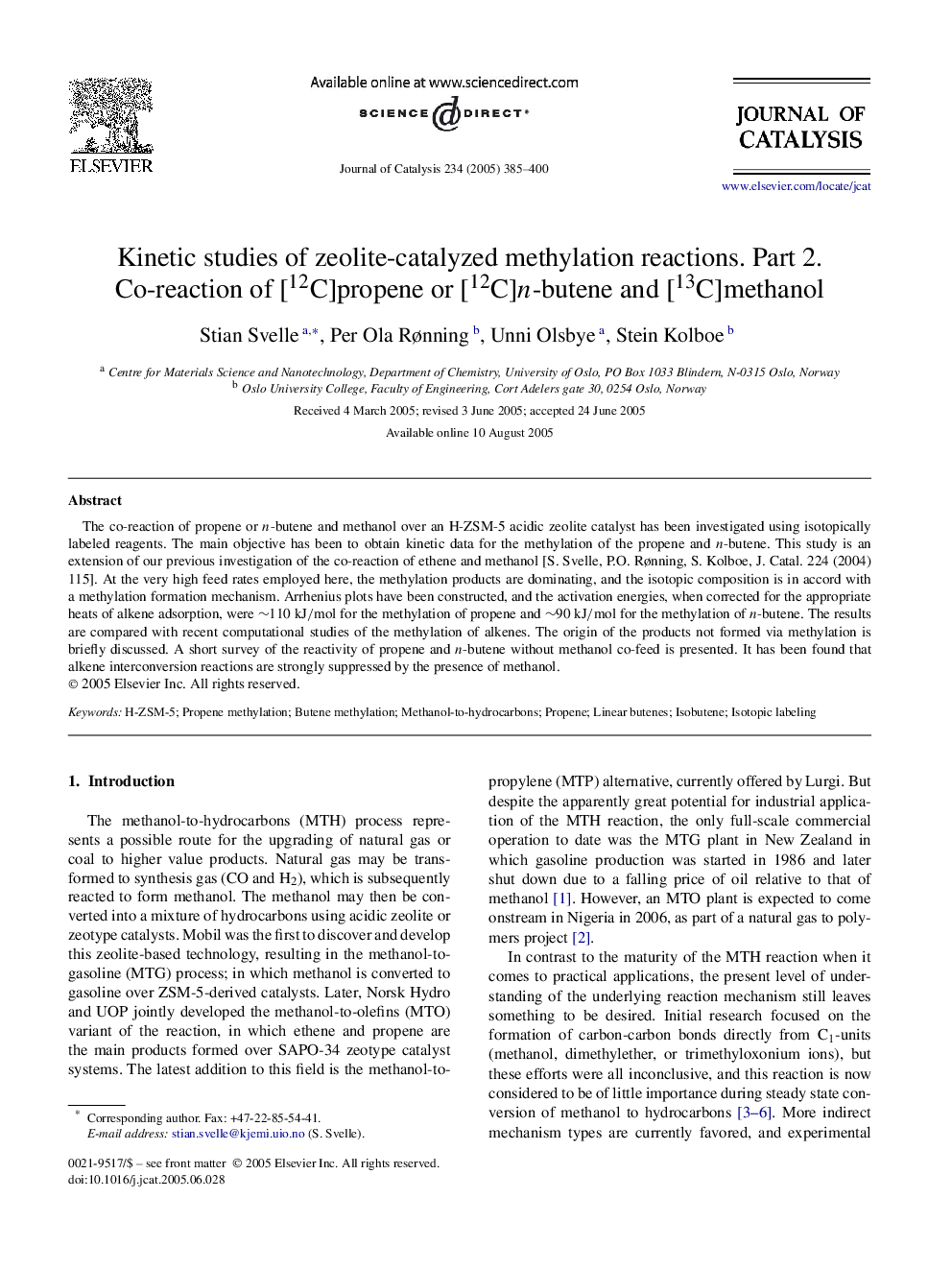 Kinetic studies of zeolite-catalyzed methylation reactions. Part 2. Co-reaction of [12C]propene or [12C]n-butene and [13C]methanol