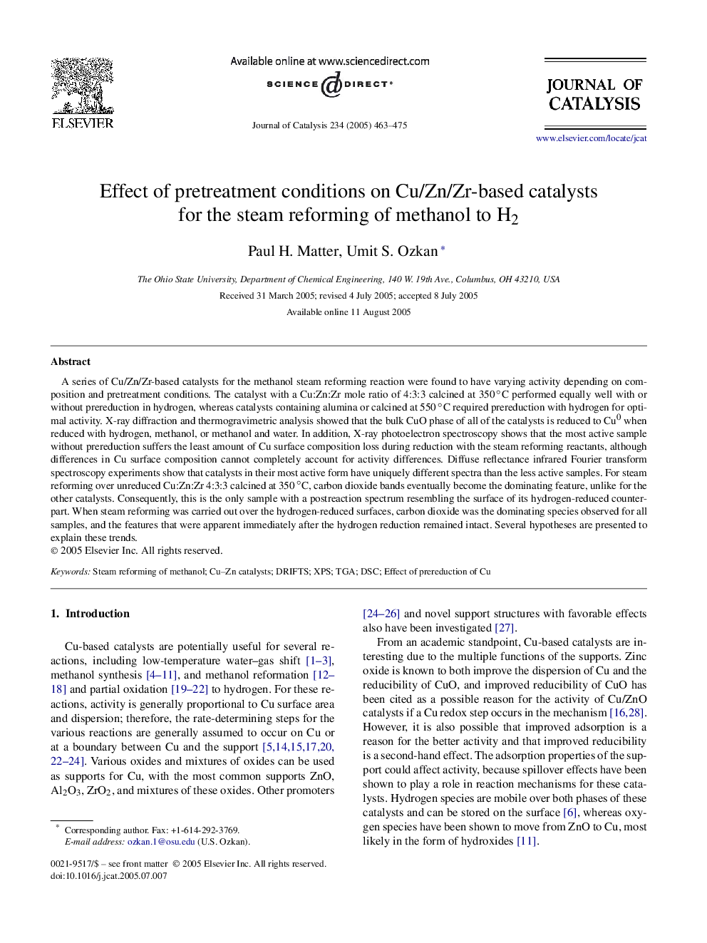 Effect of pretreatment conditions on Cu/Zn/Zr-based catalysts for the steam reforming of methanol to H2