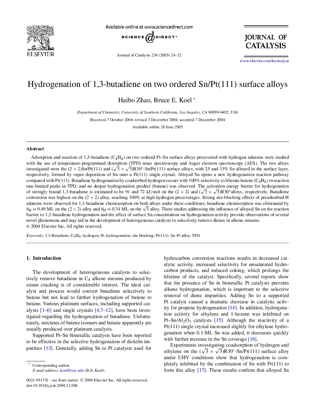 Hydrogenation of 1,3-butadiene on two ordered Sn/Pt(111) surface alloys