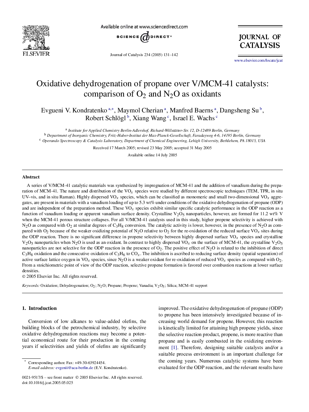 Oxidative dehydrogenation of propane over V/MCM-41 catalysts: comparison of O2 and N2O as oxidants