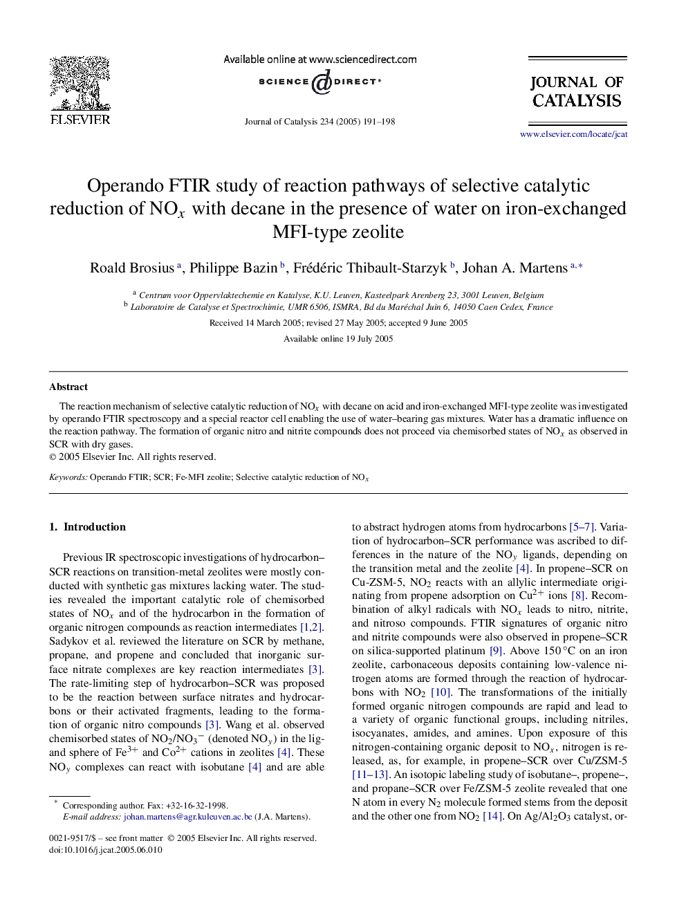 Operando FTIR study of reaction pathways of selective catalytic reduction of NOx with decane in the presence of water on iron-exchanged MFI-type zeolite