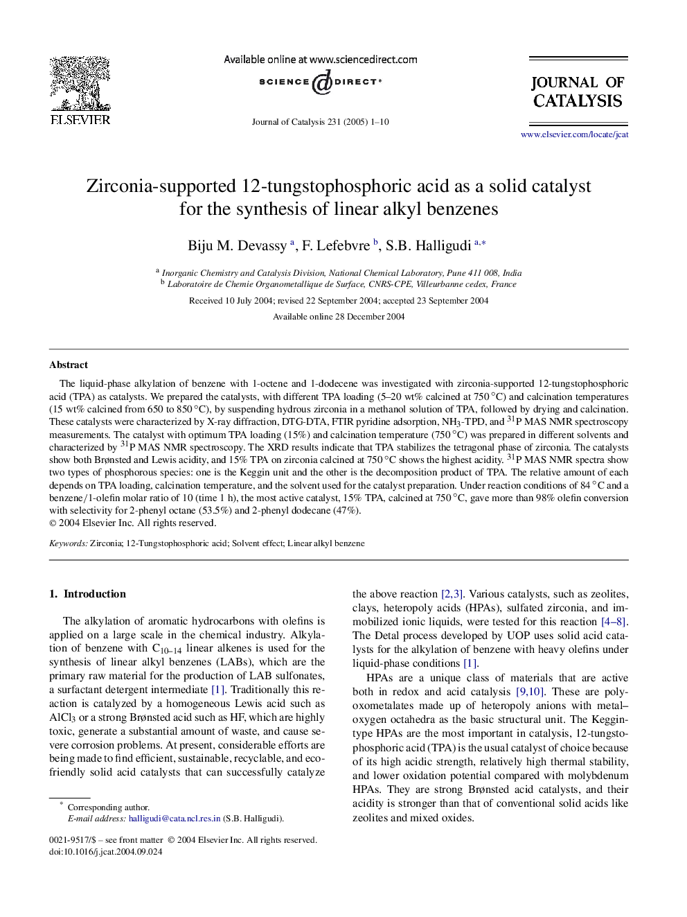 Zirconia-supported 12-tungstophosphoric acid as a solid catalyst for the synthesis of linear alkyl benzenes