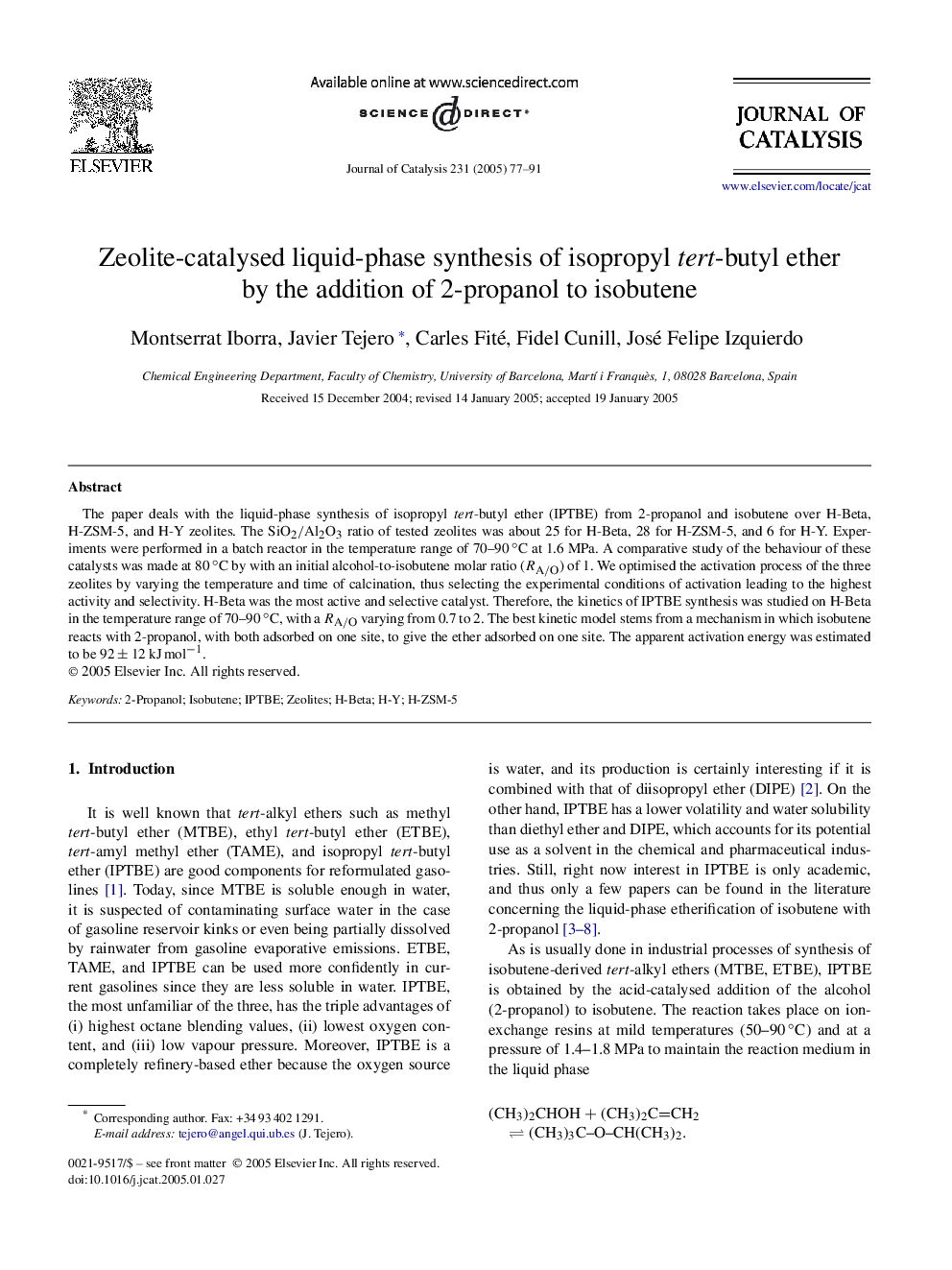 Zeolite-catalysed liquid-phase synthesis of isopropyl tert-butyl ether by the addition of 2-propanol to isobutene