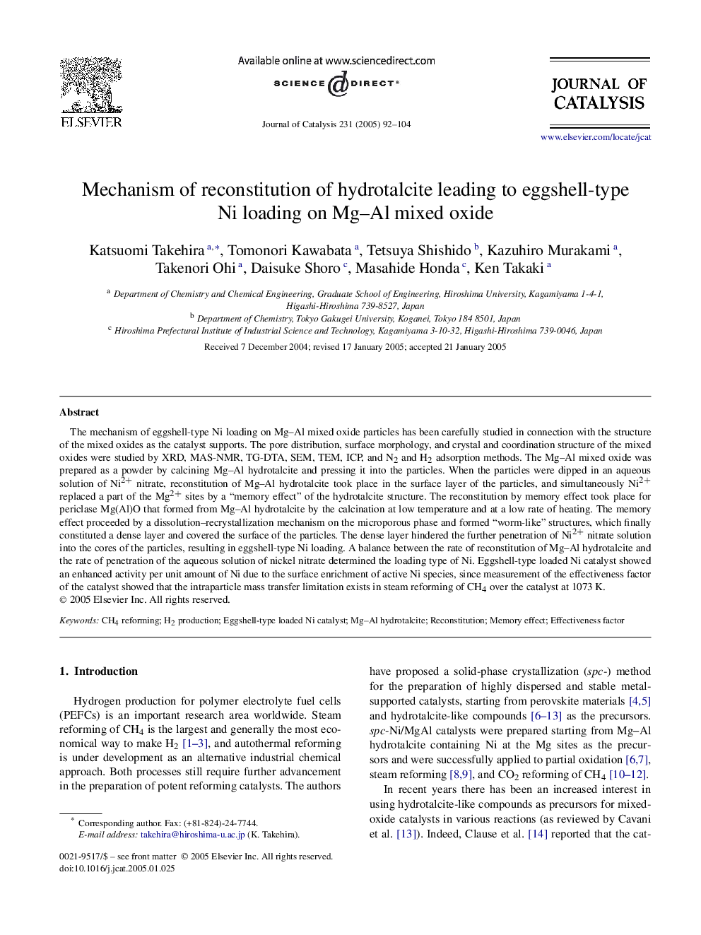 Mechanism of reconstitution of hydrotalcite leading to eggshell-type Ni loading on MgAl mixed oxide