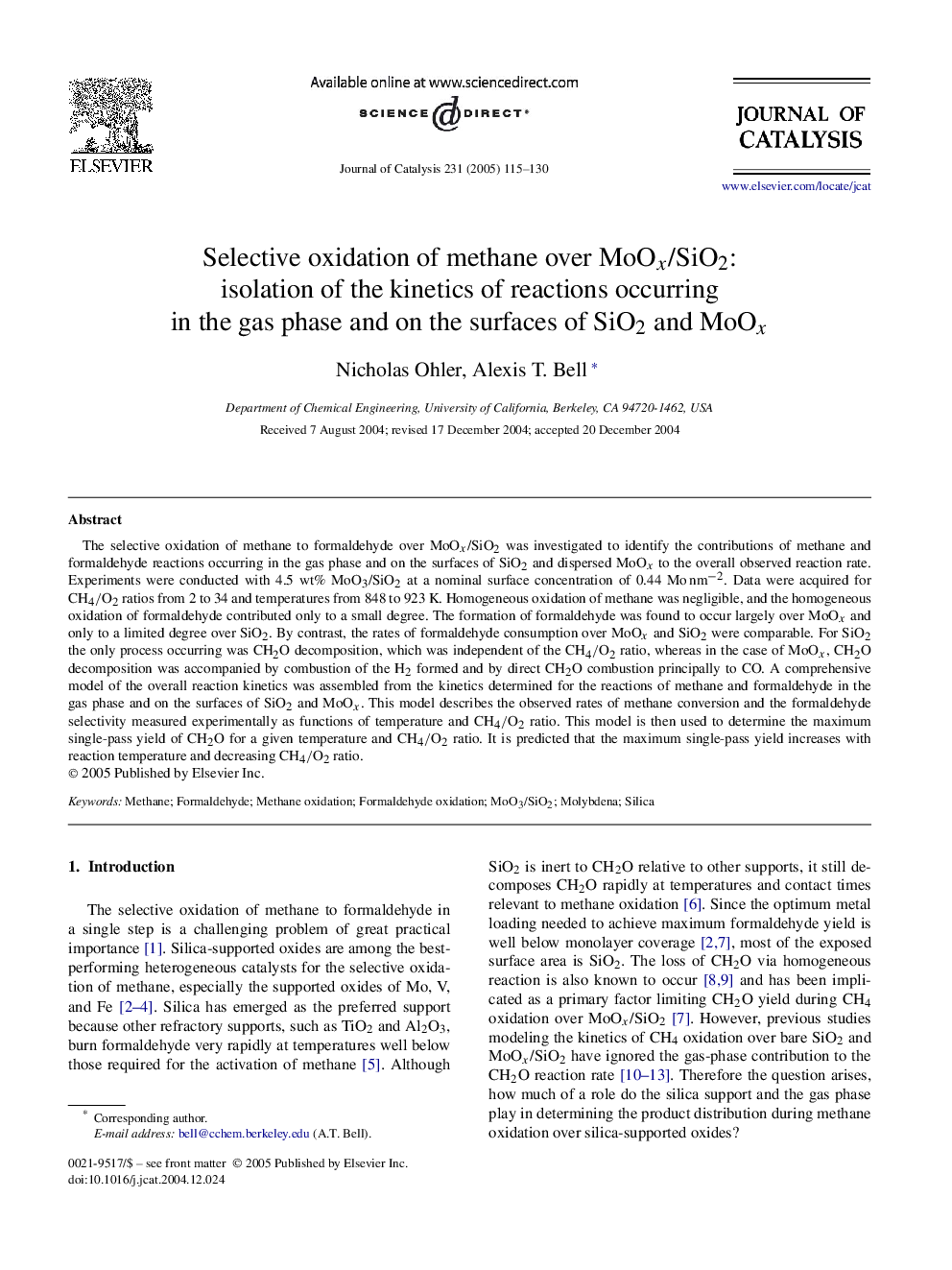 Selective oxidation of methane over MoOx/SiO2: isolation of the kinetics of reactions occurring in the gas phase and on the surfaces of SiO2 and MoOx