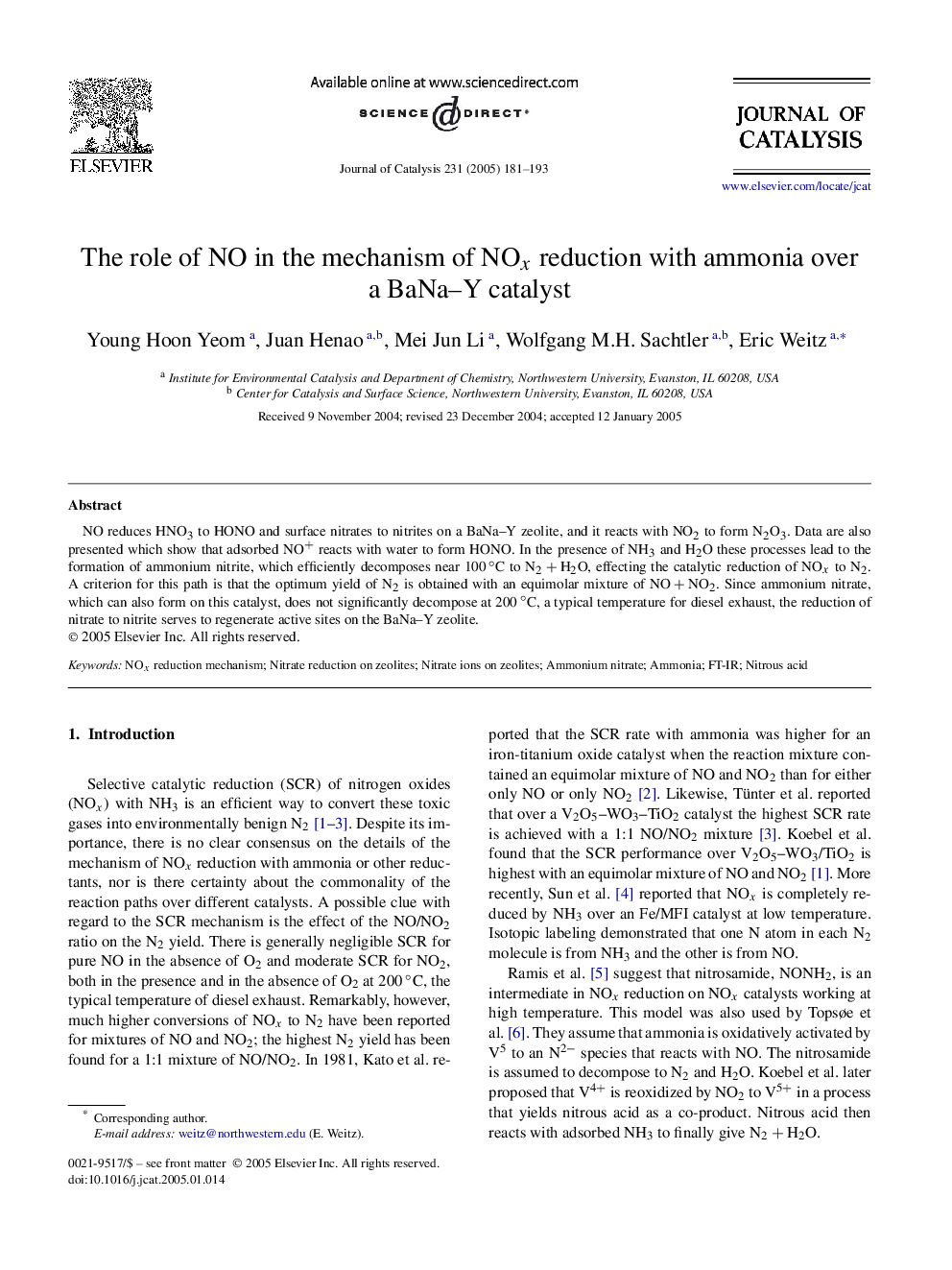 The role of NO in the mechanism of NOx reduction with ammonia over a BaNa-Y catalyst