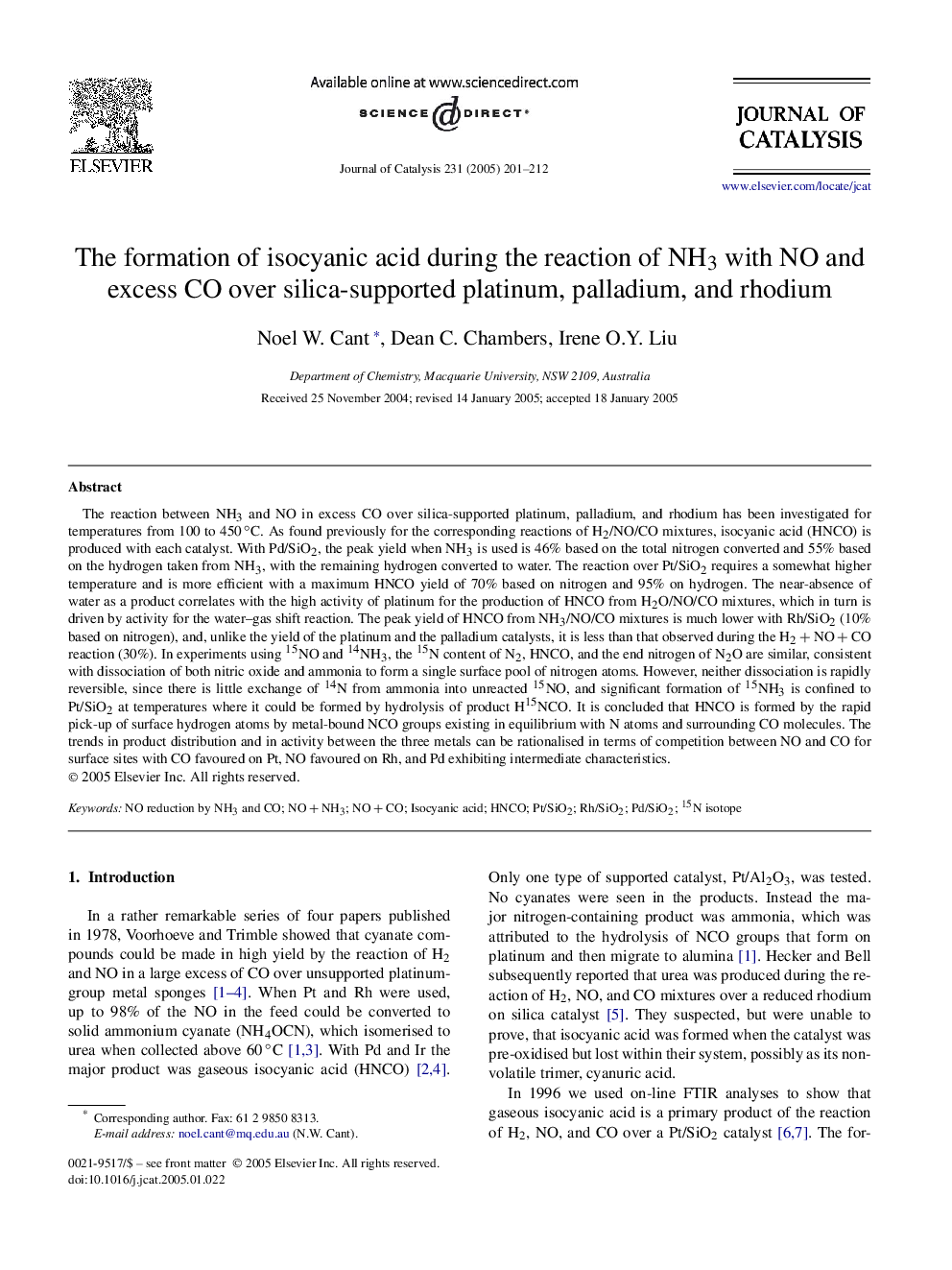 The formation of isocyanic acid during the reaction of NH3 with NO and excess CO over silica-supported platinum, palladium, and rhodium