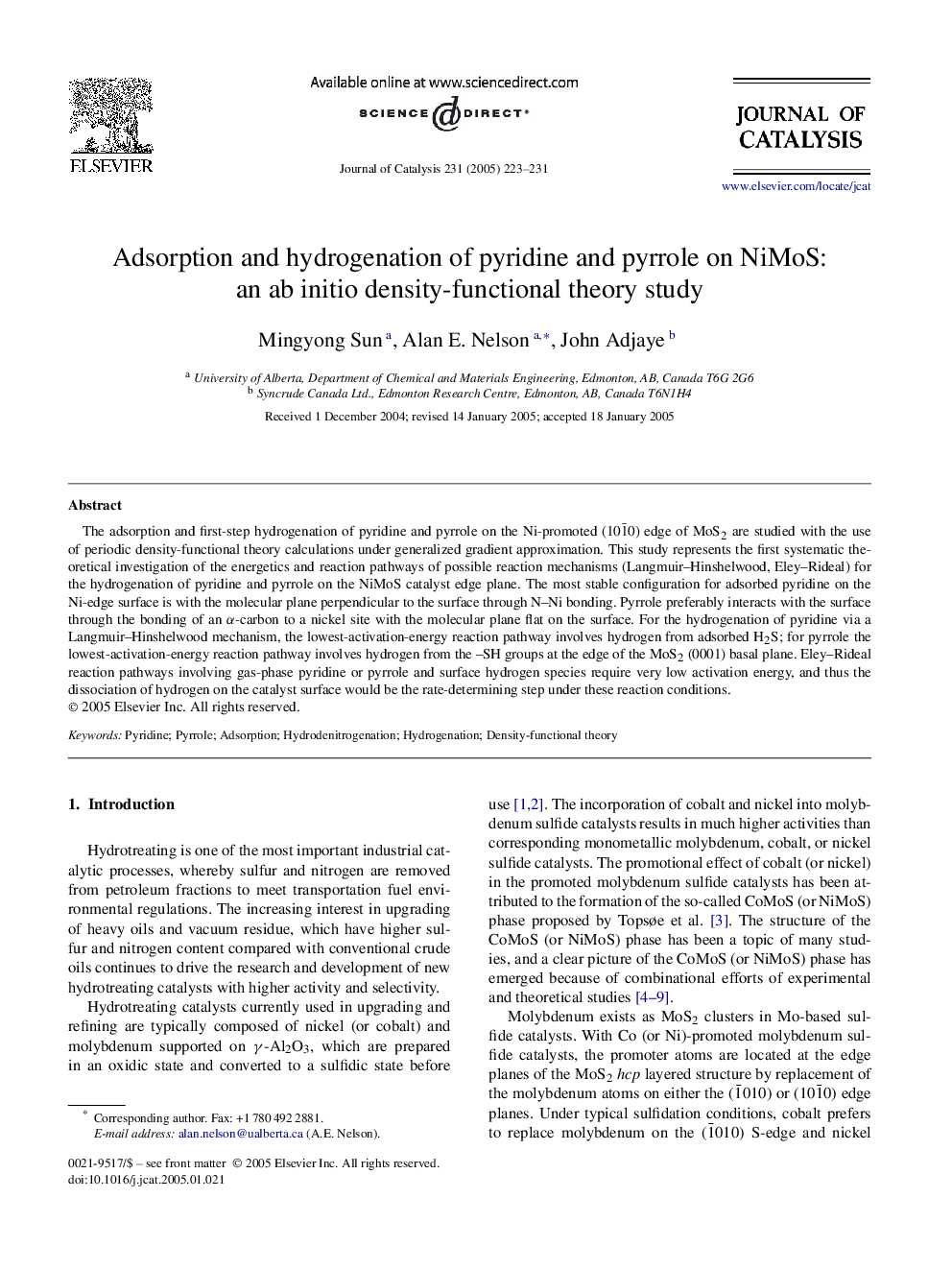 Adsorption and hydrogenation of pyridine and pyrrole on NiMoS: an ab initio density-functional theory study