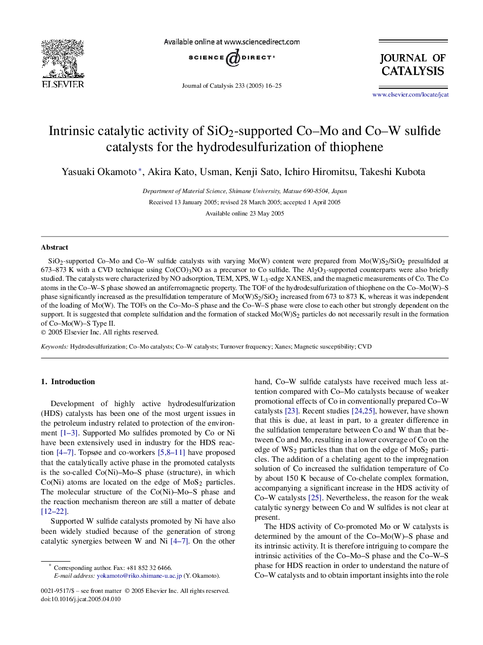 Intrinsic catalytic activity of SiO2-supported Co-Mo and Co-W sulfide catalysts for the hydrodesulfurization of thiophene