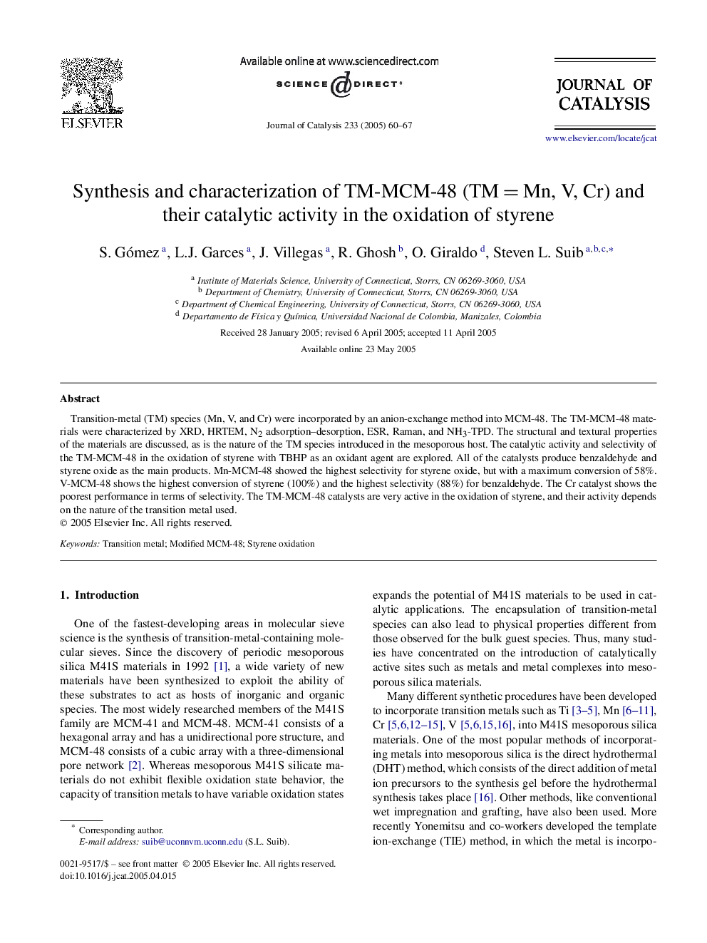 Synthesis and characterization of TM-MCM-48 (TMÂ =Â Mn, V, Cr) and their catalytic activity in the oxidation of styrene