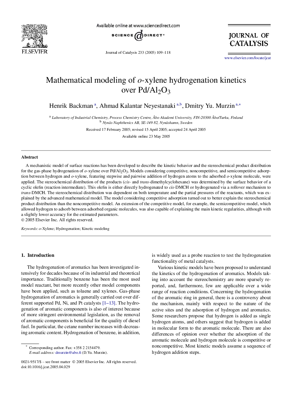 Mathematical modeling of o-xylene hydrogenation kinetics over Pd/Al2O3