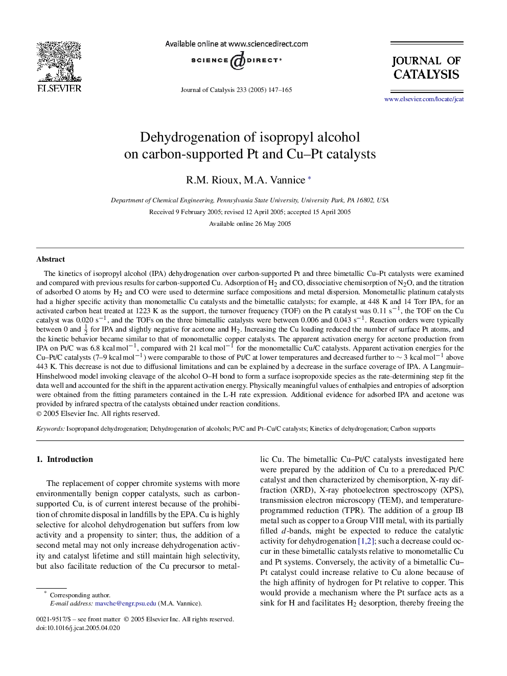 Dehydrogenation of isopropyl alcohol on carbon-supported Pt and Cu-Pt catalysts