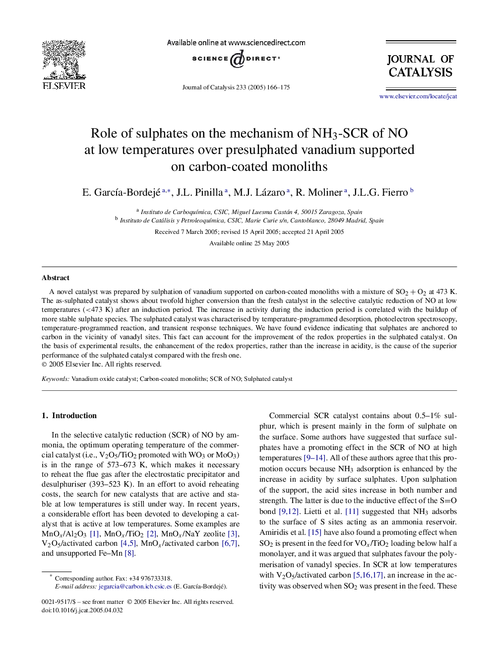 Role of sulphates on the mechanism of NH3-SCR of NO at low temperatures over presulphated vanadium supported on carbon-coated monoliths