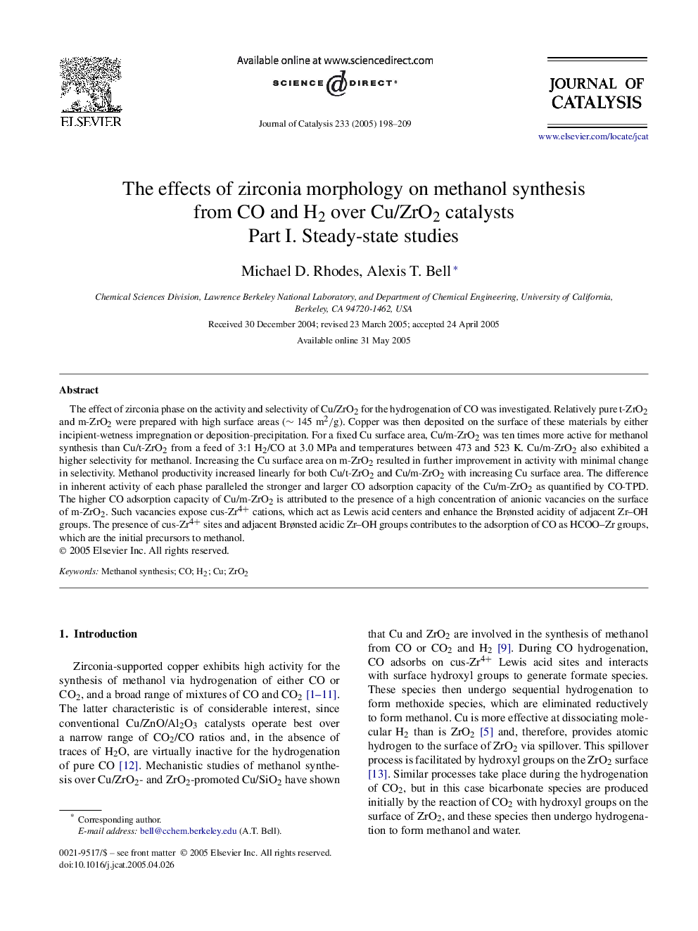 The effects of zirconia morphology on methanol synthesis from CO and H2 over Cu/ZrO2 catalysts