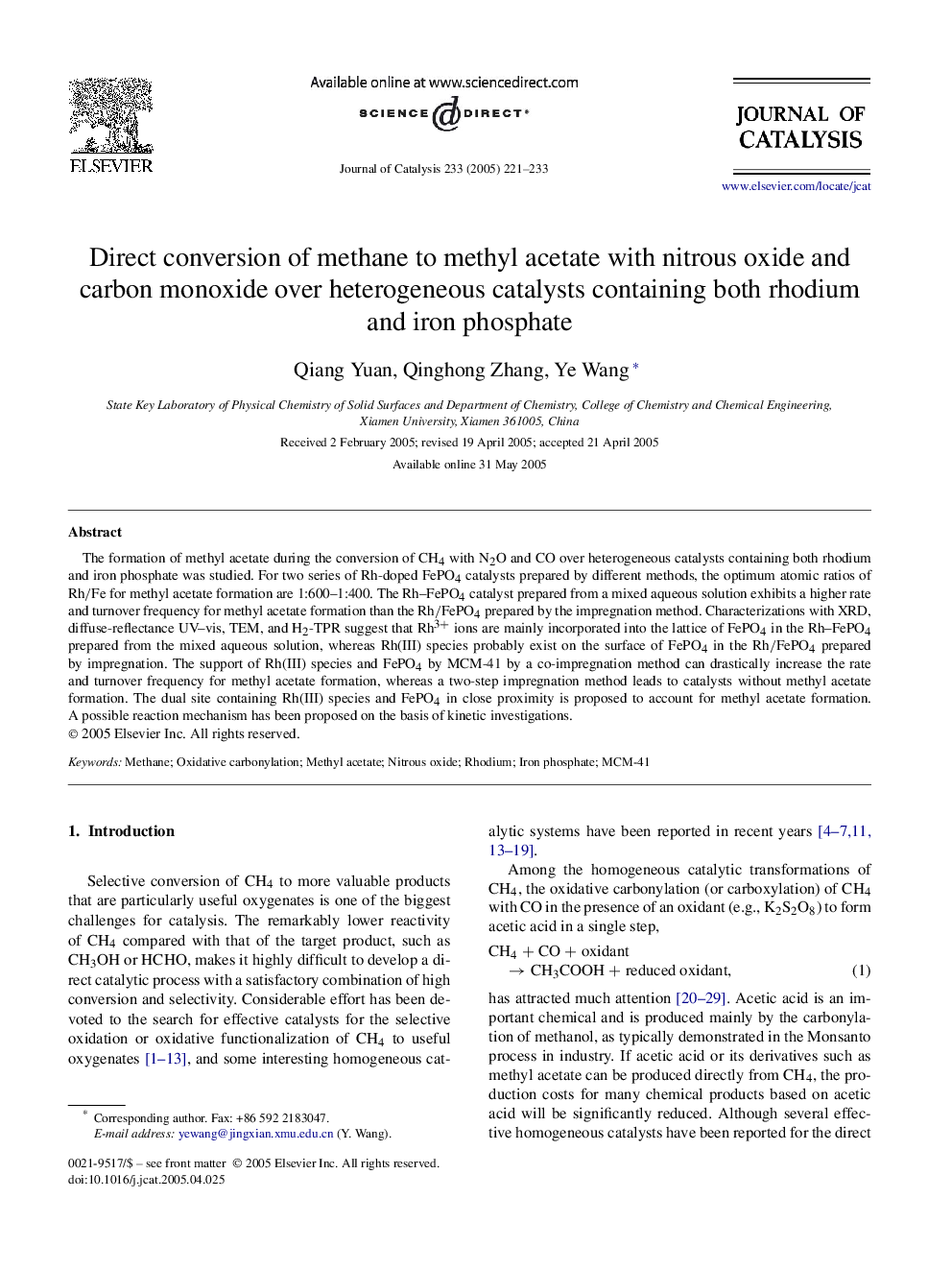 Direct conversion of methane to methyl acetate with nitrous oxide and carbon monoxide over heterogeneous catalysts containing both rhodium and iron phosphate