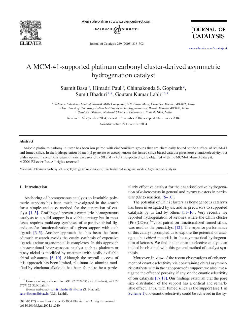 A MCM-41-supported platinum carbonyl cluster-derived asymmetric hydrogenation catalyst