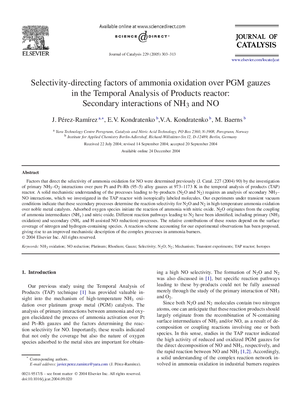 Selectivity-directing factors of ammonia oxidation over PGM gauzes in the Temporal Analysis of Products reactor: Secondary interactions of NH3 and NO