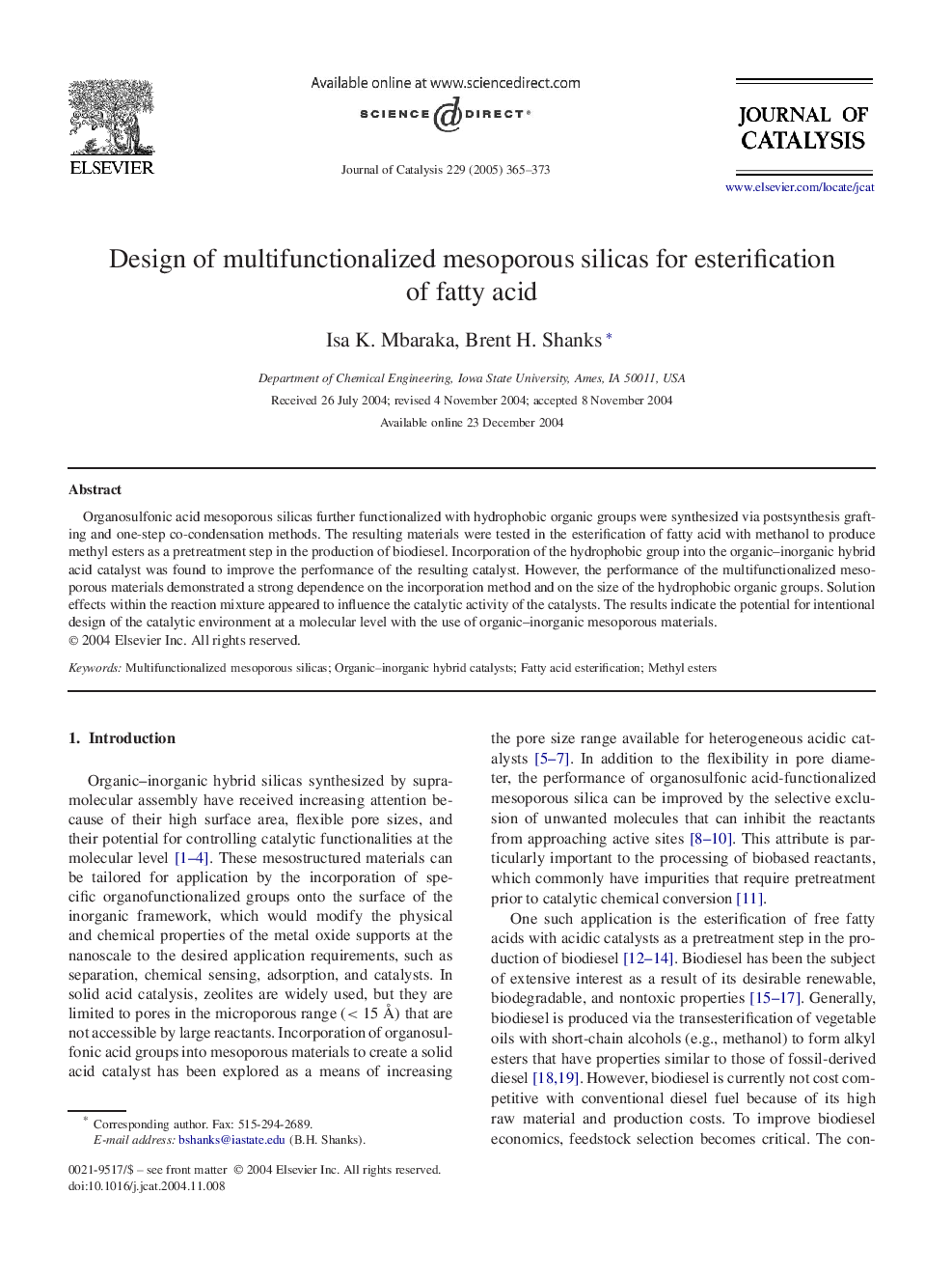 Design of multifunctionalized mesoporous silicas for esterification of fatty acid