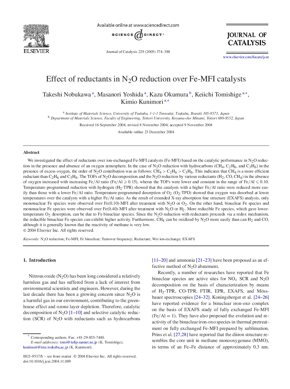 Effect of reductants in N2O reduction over Fe-MFI catalysts