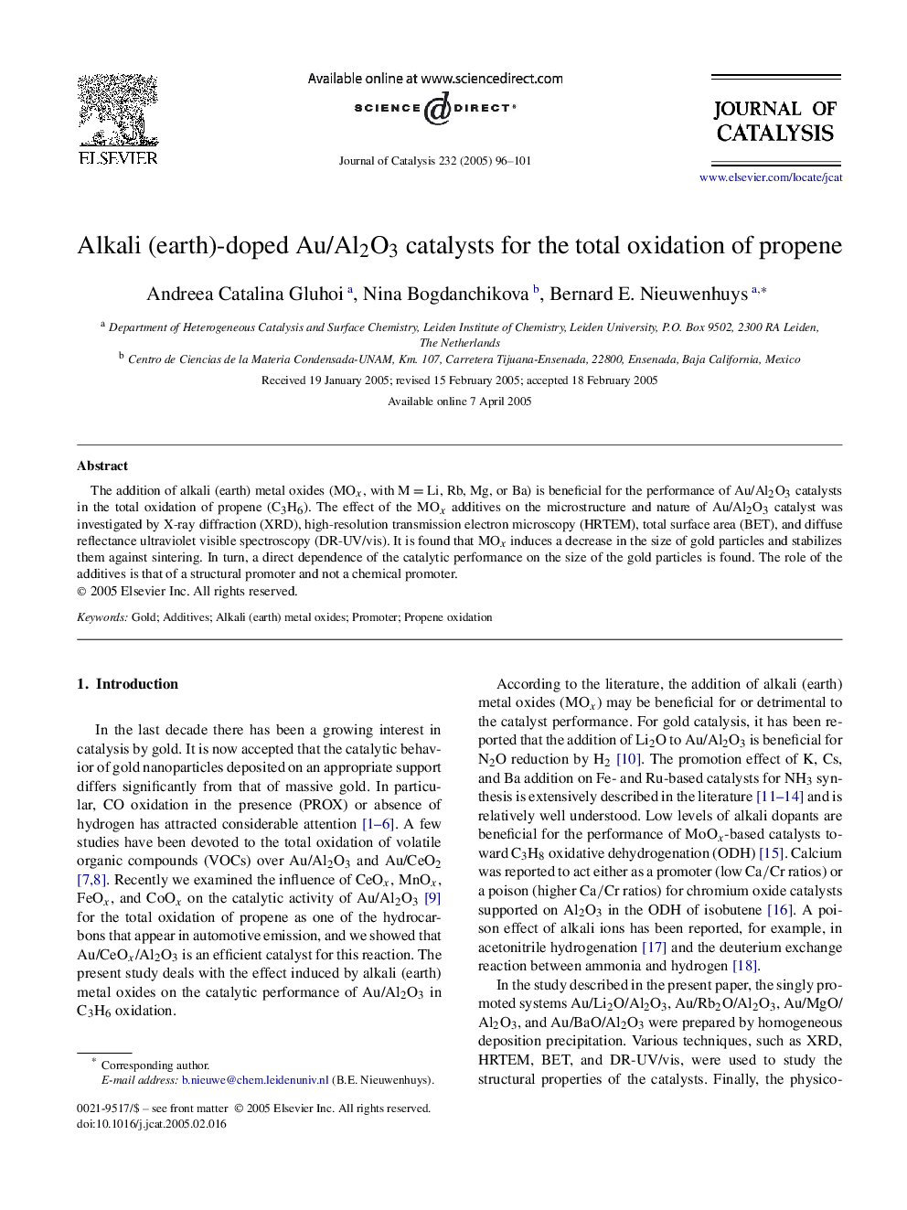 Alkali (earth)-doped Au/Al2O3 catalysts for the total oxidation of propene