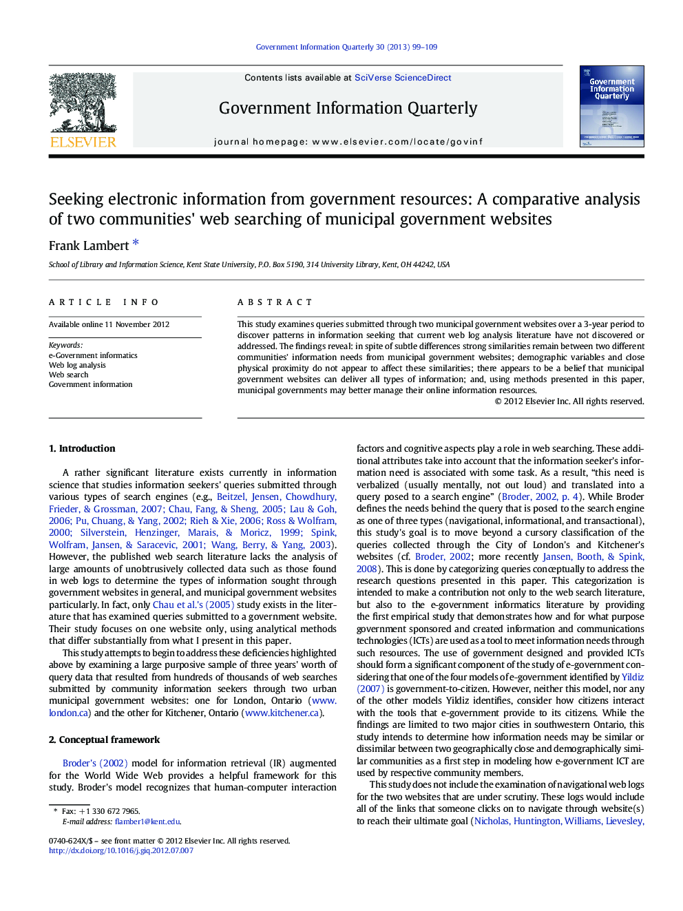 Seeking electronic information from government resources: A comparative analysis of two communities' web searching of municipal government websites