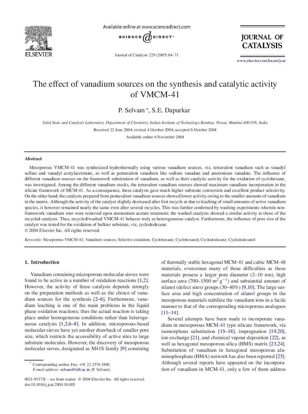 The effect of vanadium sources on the synthesis and catalytic activity of VMCM-41