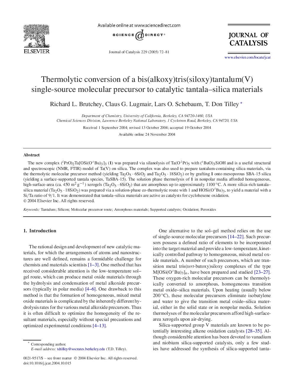 Thermolytic conversion of a bis(alkoxy)tris(siloxy)tantalum(V) single-source molecular precursor to catalytic tantala-silica materials