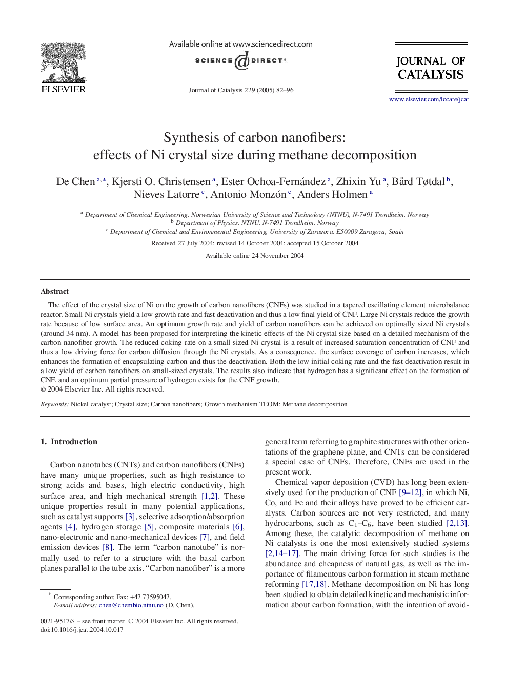 Synthesis of carbon nanofibers: effects of Ni crystal size during methane decomposition