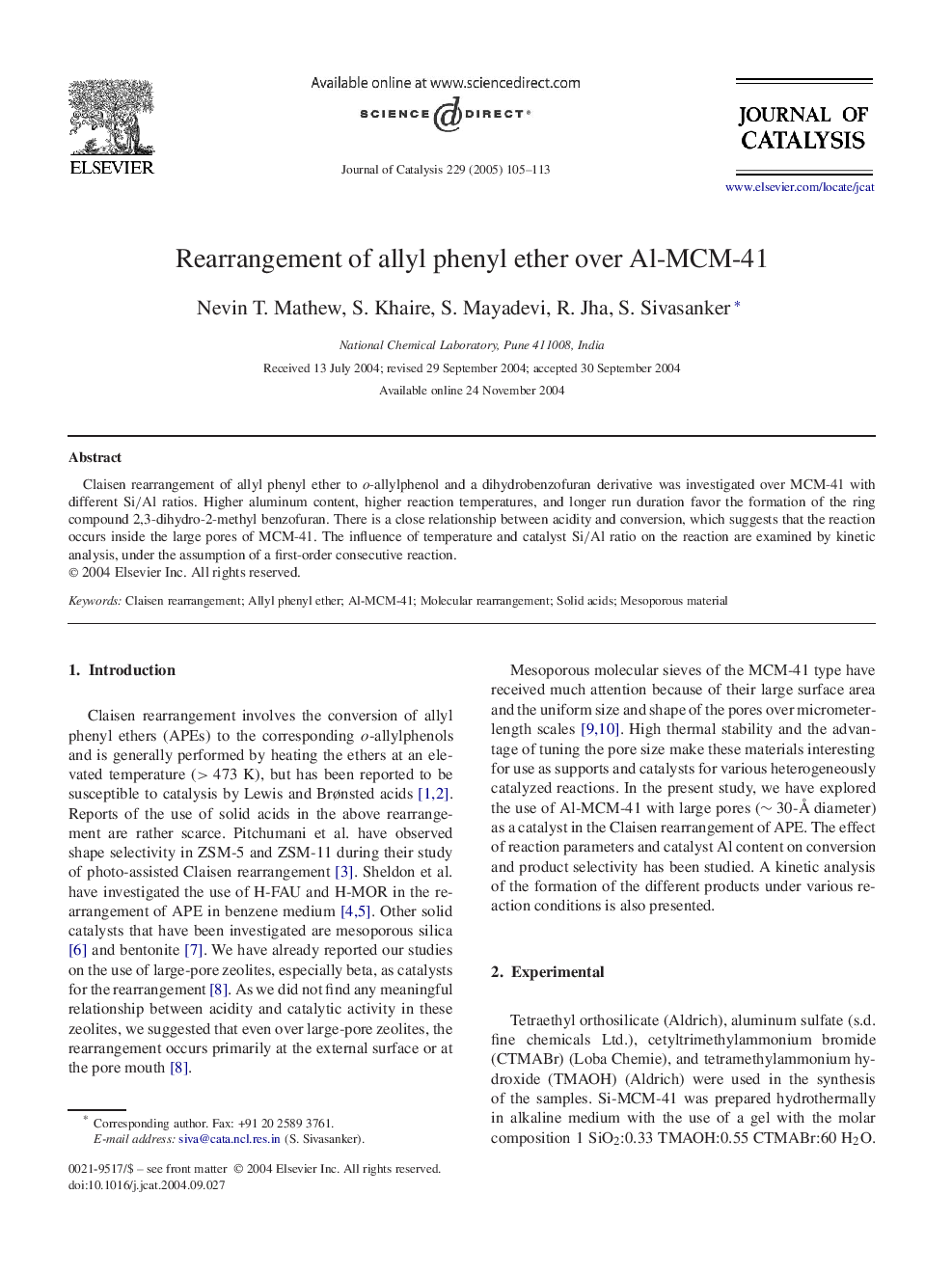 Rearrangement of allyl phenyl ether over Al-MCM-41