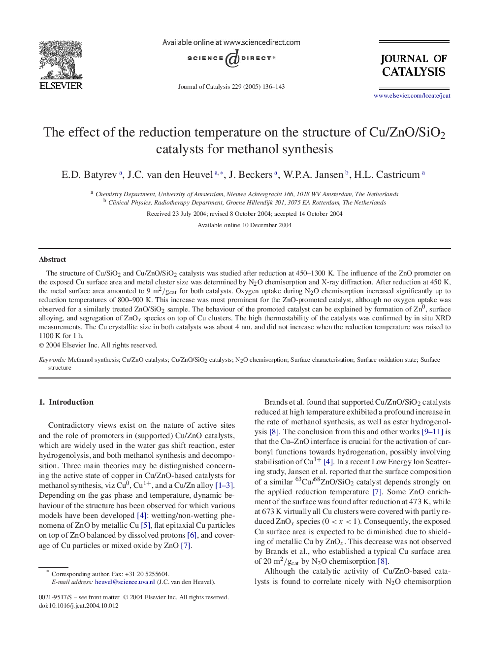 The effect of the reduction temperature on the structure of Cu/ZnO/SiO2 catalysts for methanol synthesis