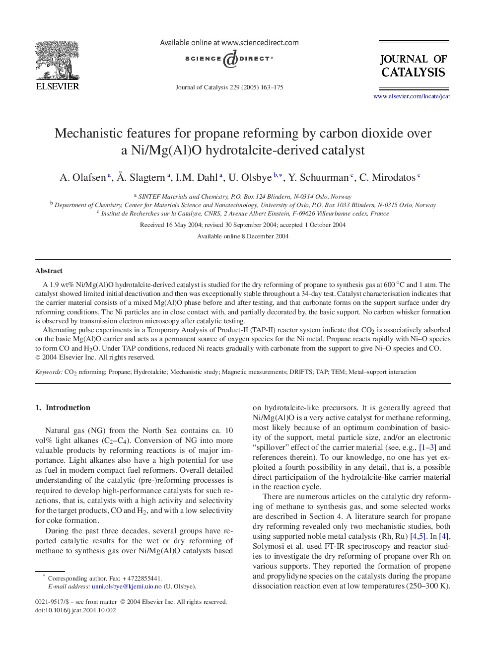 Mechanistic features for propane reforming by carbon dioxide over a Ni/Mg(Al)O hydrotalcite-derived catalyst