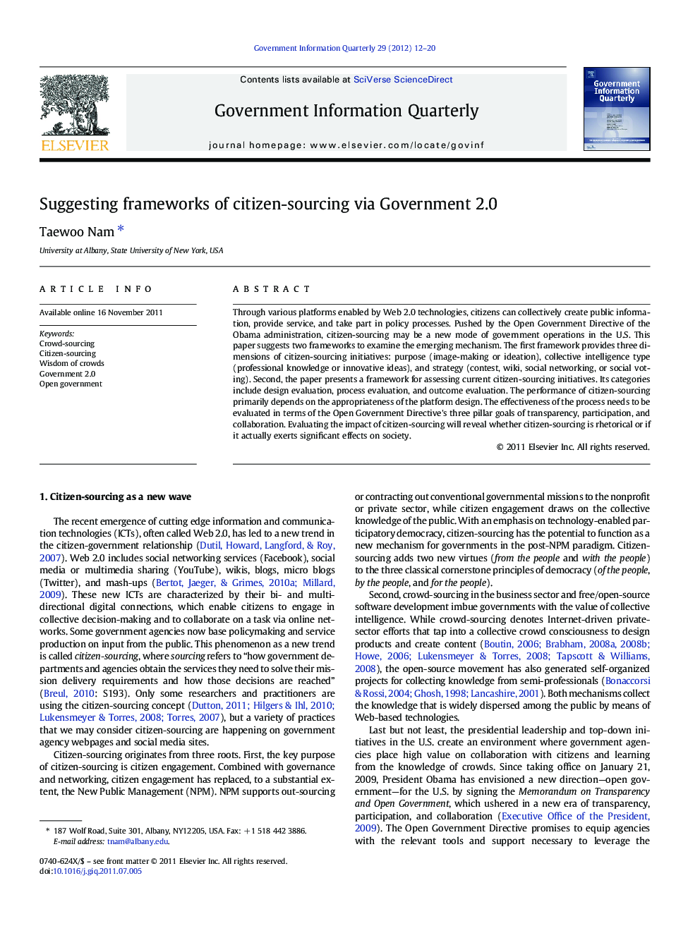 Suggesting frameworks of citizen-sourcing via Government 2.0