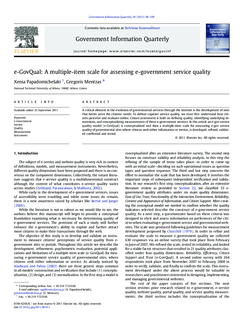 e-GovQual: A multiple-item scale for assessing e-government service quality