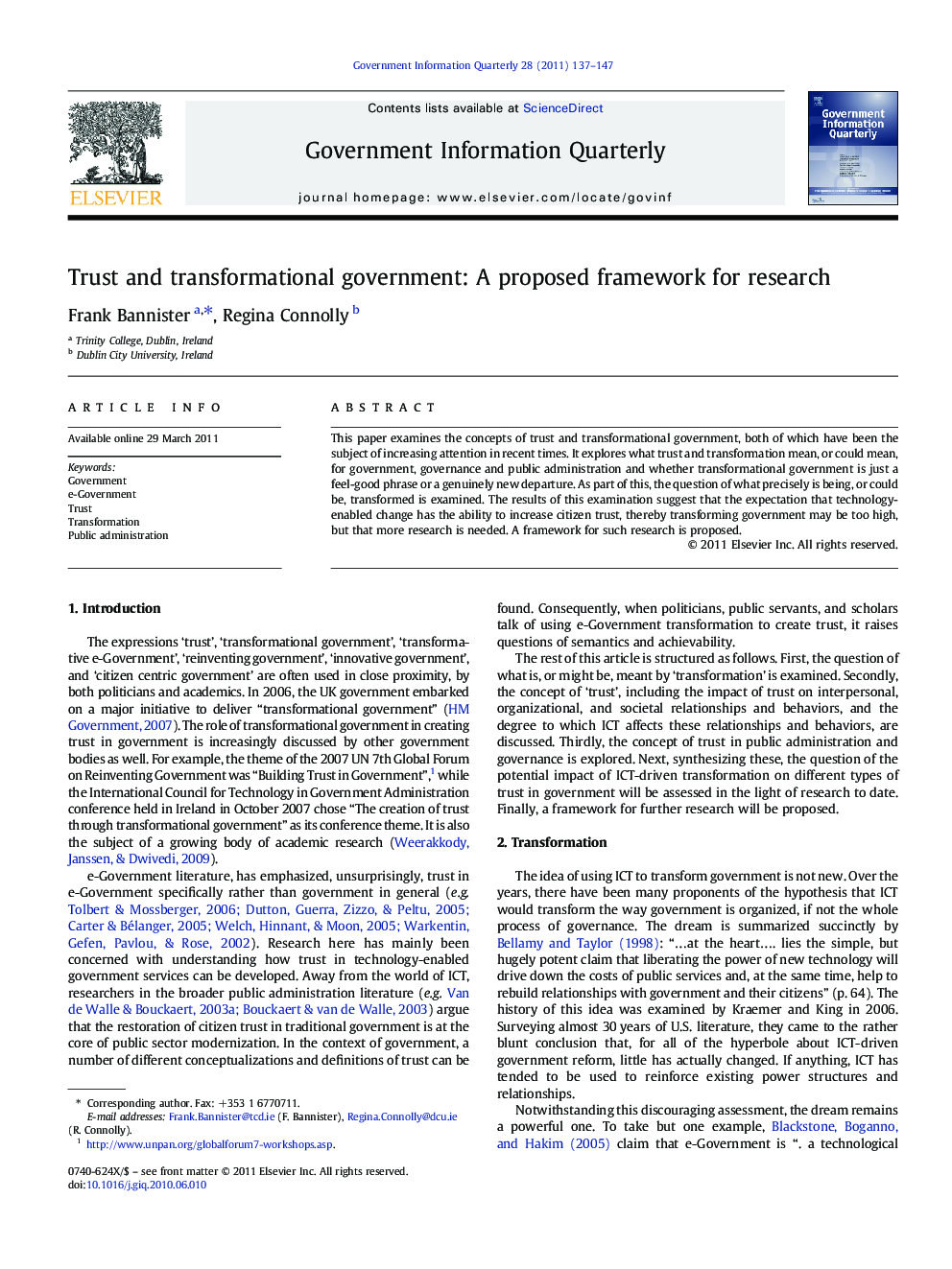 Trust and transformational government: A proposed framework for research
