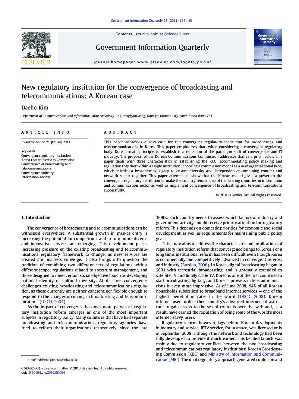 New regulatory institution for the convergence of broadcasting and telecommunications: A Korean case