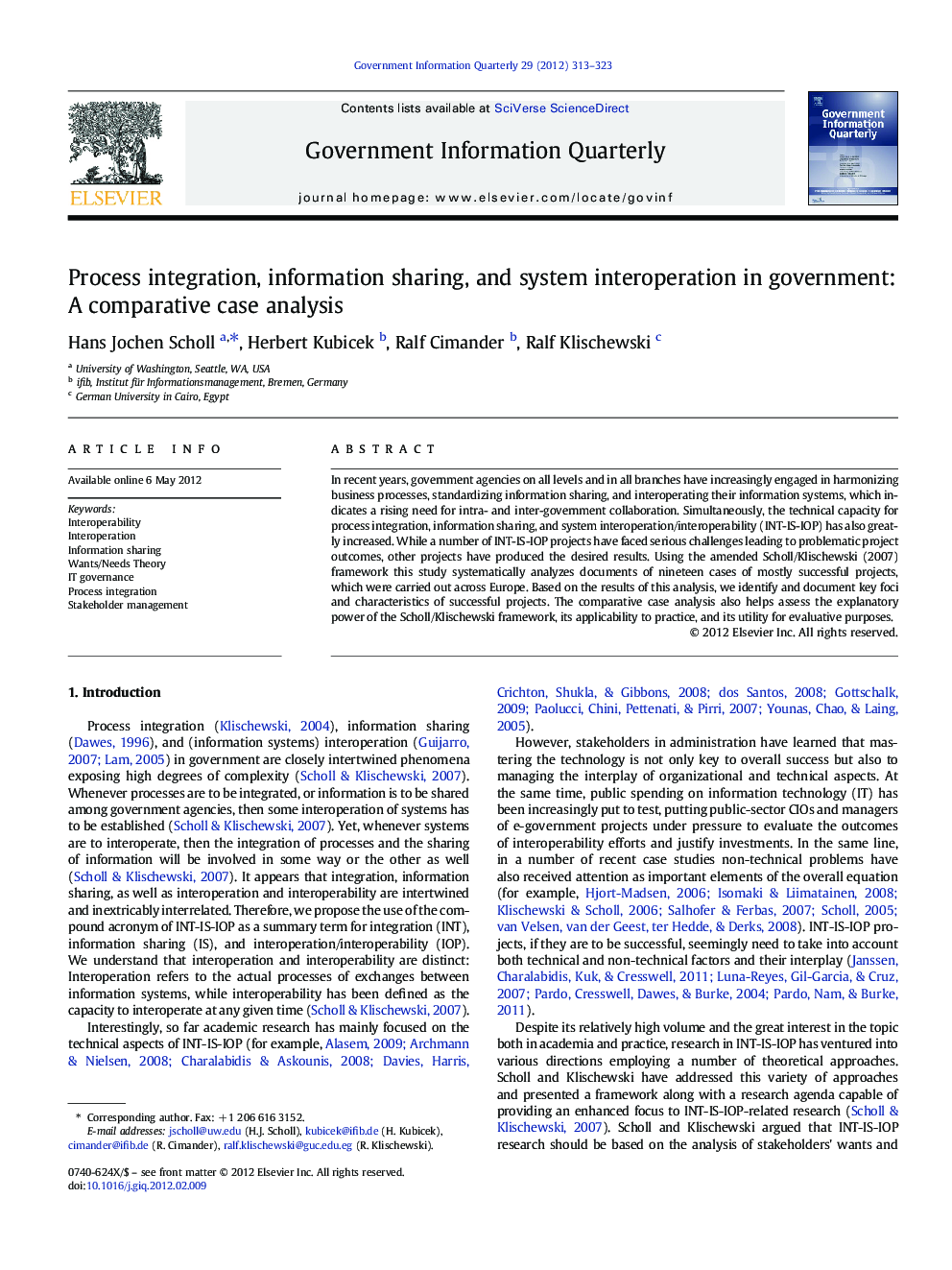 Process integration, information sharing, and system interoperation in government: A comparative case analysis