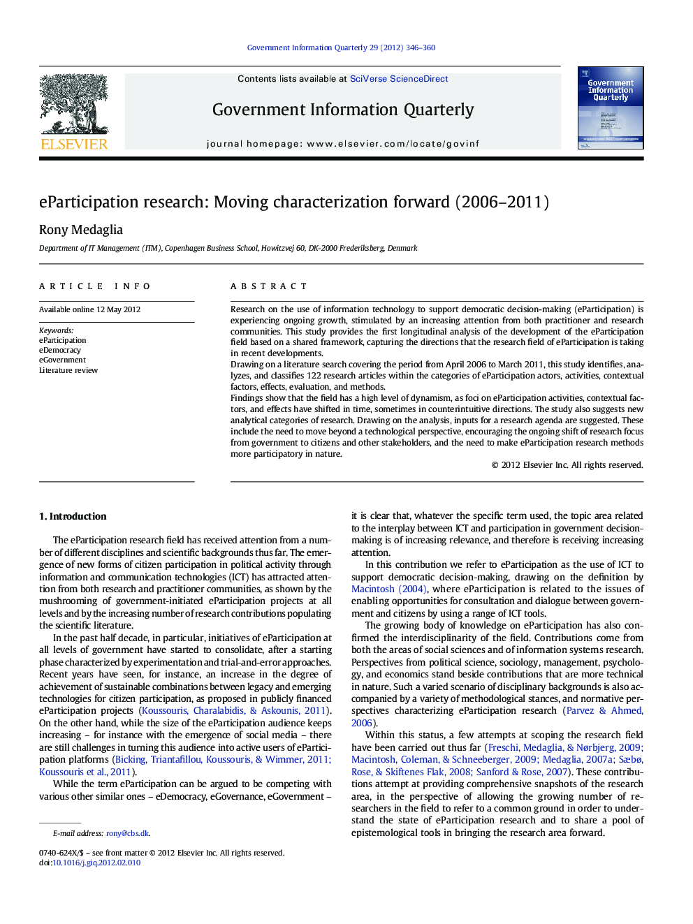 eParticipation research: Moving characterization forward (2006–2011)