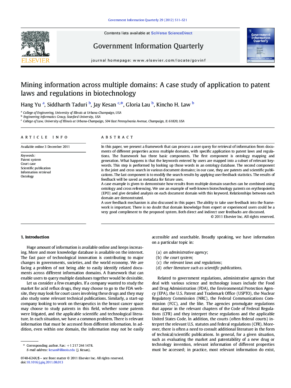 Mining information across multiple domains: A case study of application to patent laws and regulations in biotechnology