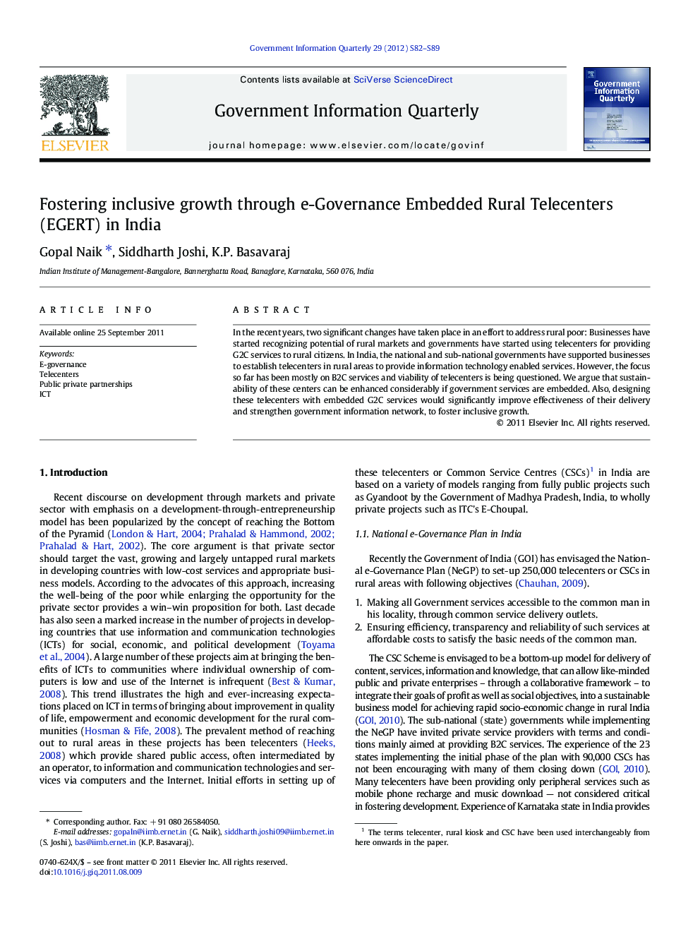 Fostering inclusive growth through e-Governance Embedded Rural Telecenters (EGERT) in India